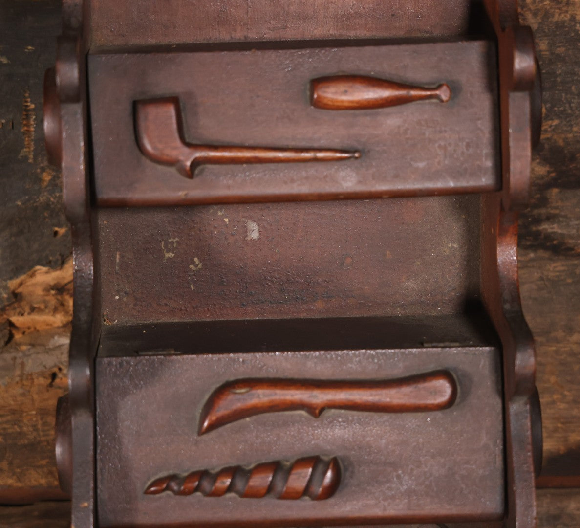 Antique Folk Art Genleman's Parlor Smoking Shelf, Hand Cut And Carved Wood Details, Initialed And Dated "H.P. 1922" At Top, Pipe, Smoking Tools, And Club Card Suite Carvings, Hinged Compartments, Mirror