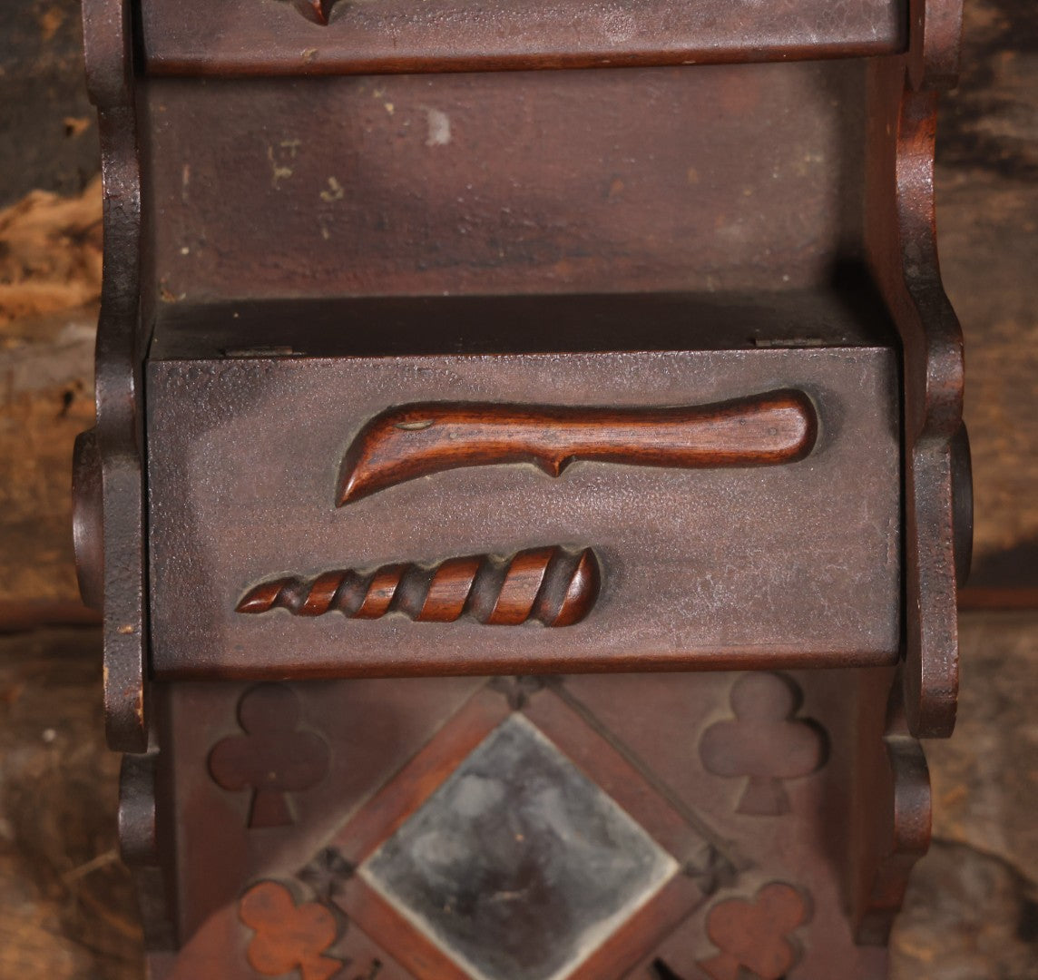 Antique Folk Art Genleman's Parlor Smoking Shelf, Hand Cut And Carved Wood Details, Initialed And Dated "H.P. 1922" At Top, Pipe, Smoking Tools, And Club Card Suite Carvings, Hinged Compartments, Mirror