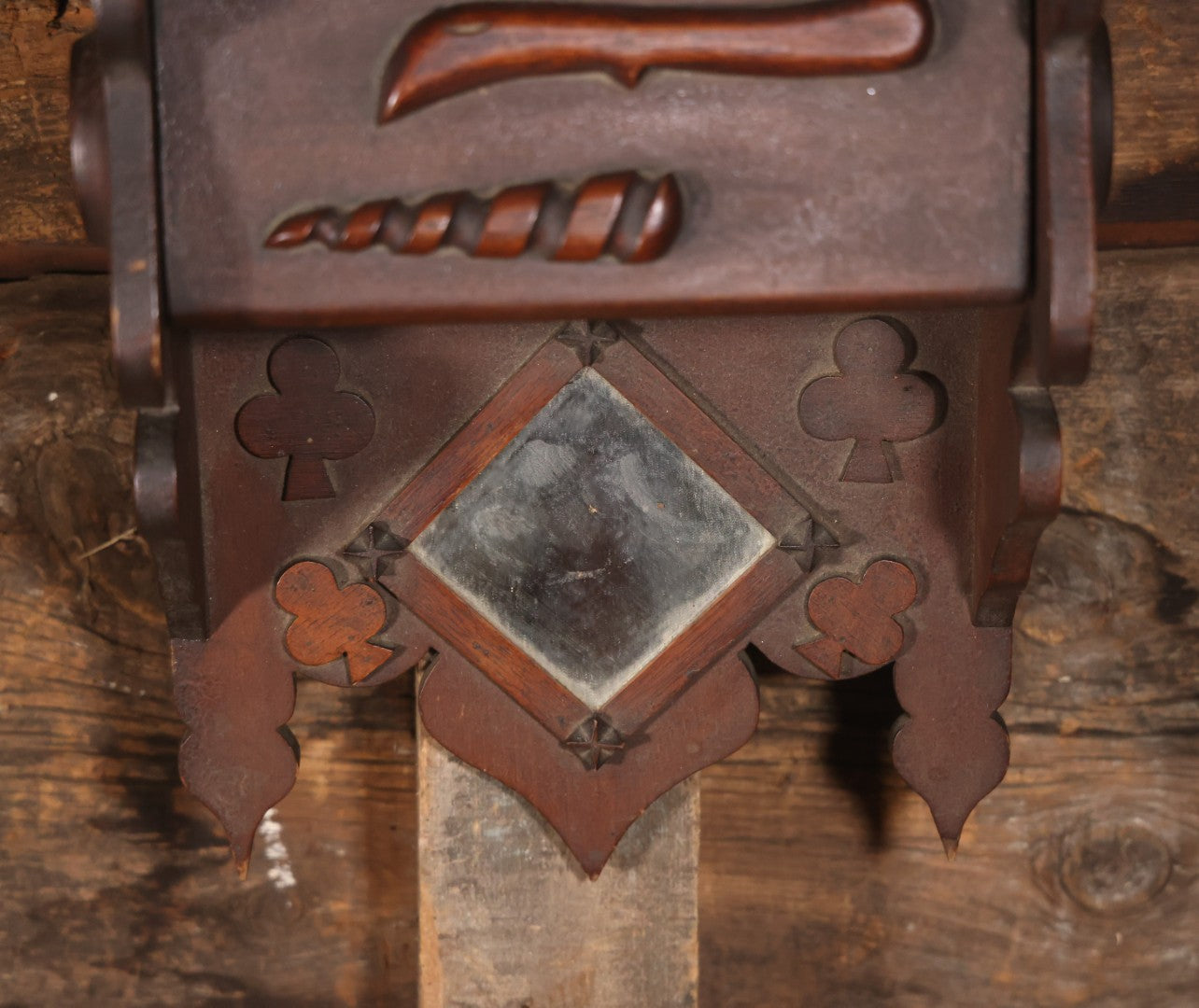 Antique Folk Art Genleman's Parlor Smoking Shelf, Hand Cut And Carved Wood Details, Initialed And Dated "H.P. 1922" At Top, Pipe, Smoking Tools, And Club Card Suite Carvings, Hinged Compartments, Mirror