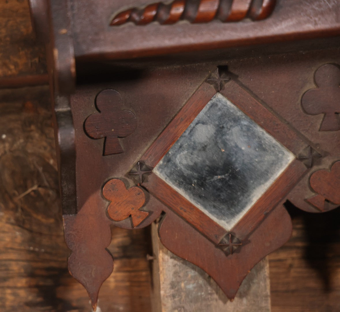Antique Folk Art Genleman's Parlor Smoking Shelf, Hand Cut And Carved Wood Details, Initialed And Dated "H.P. 1922" At Top, Pipe, Smoking Tools, And Club Card Suite Carvings, Hinged Compartments, Mirror