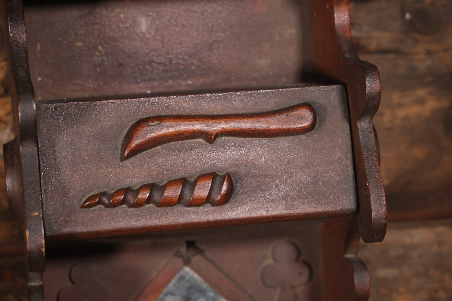 Antique Folk Art Genleman's Parlor Smoking Shelf, Hand Cut And Carved Wood Details, Initialed And Dated "H.P. 1922" At Top, Pipe, Smoking Tools, And Club Card Suite Carvings, Hinged Compartments, Mirror