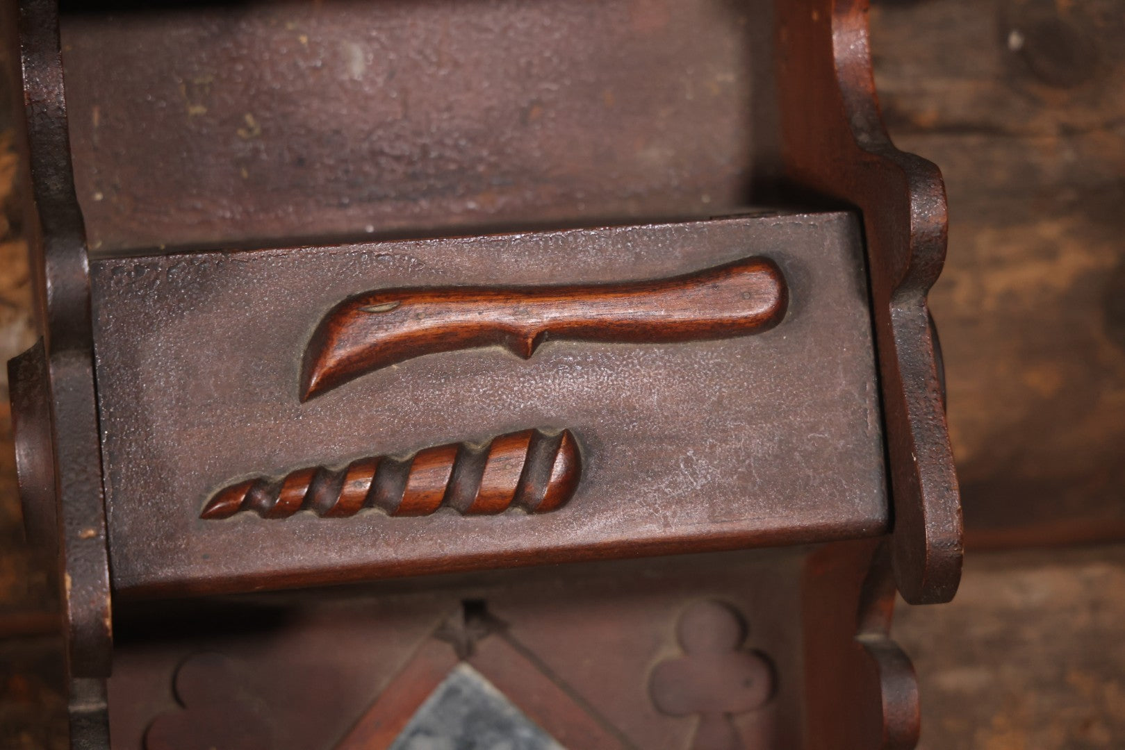 Antique Folk Art Genleman's Parlor Smoking Shelf, Hand Cut And Carved Wood Details, Initialed And Dated "H.P. 1922" At Top, Pipe, Smoking Tools, And Club Card Suite Carvings, Hinged Compartments, Mirror