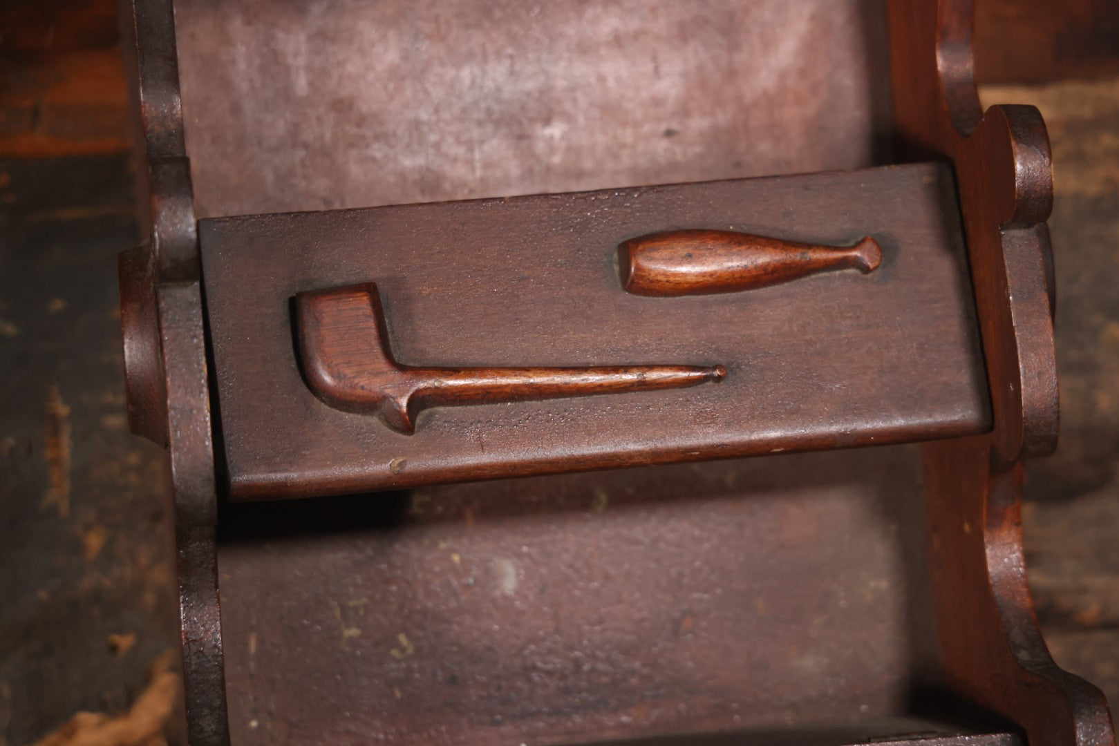 Antique Folk Art Genleman's Parlor Smoking Shelf, Hand Cut And Carved Wood Details, Initialed And Dated "H.P. 1922" At Top, Pipe, Smoking Tools, And Club Card Suite Carvings, Hinged Compartments, Mirror