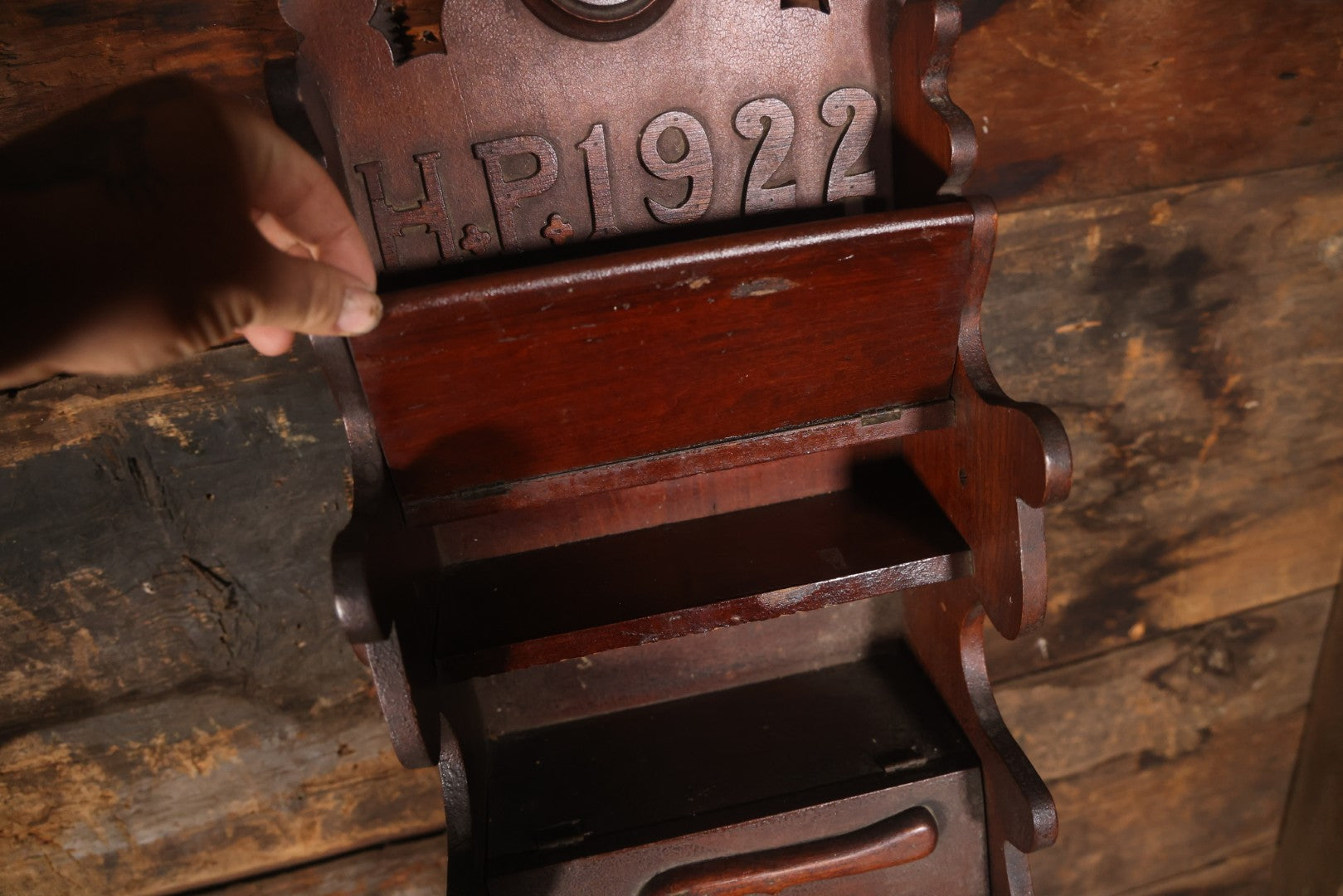 Antique Folk Art Genleman's Parlor Smoking Shelf, Hand Cut And Carved Wood Details, Initialed And Dated "H.P. 1922" At Top, Pipe, Smoking Tools, And Club Card Suite Carvings, Hinged Compartments, Mirror