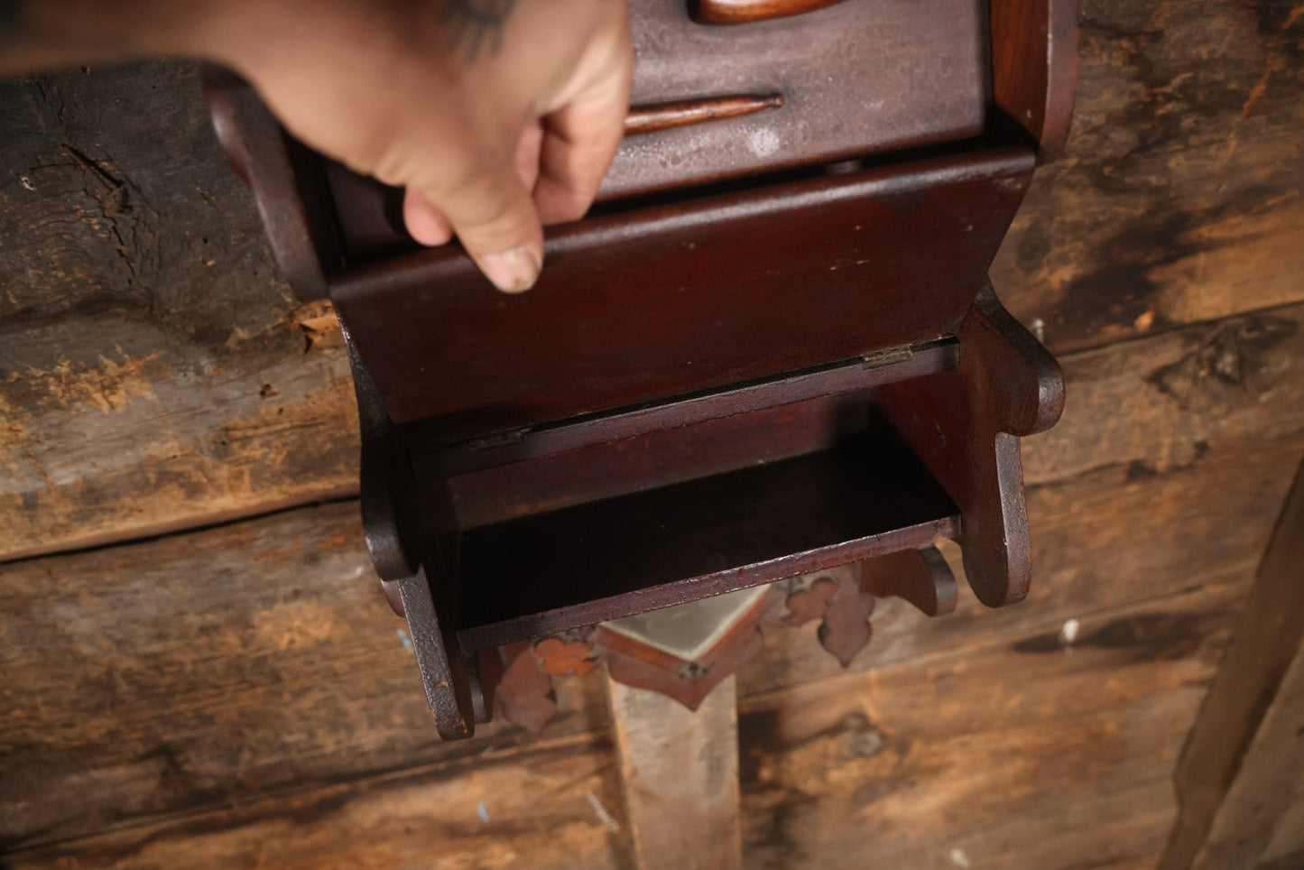 Antique Folk Art Genleman's Parlor Smoking Shelf, Hand Cut And Carved Wood Details, Initialed And Dated "H.P. 1922" At Top, Pipe, Smoking Tools, And Club Card Suite Carvings, Hinged Compartments, Mirror