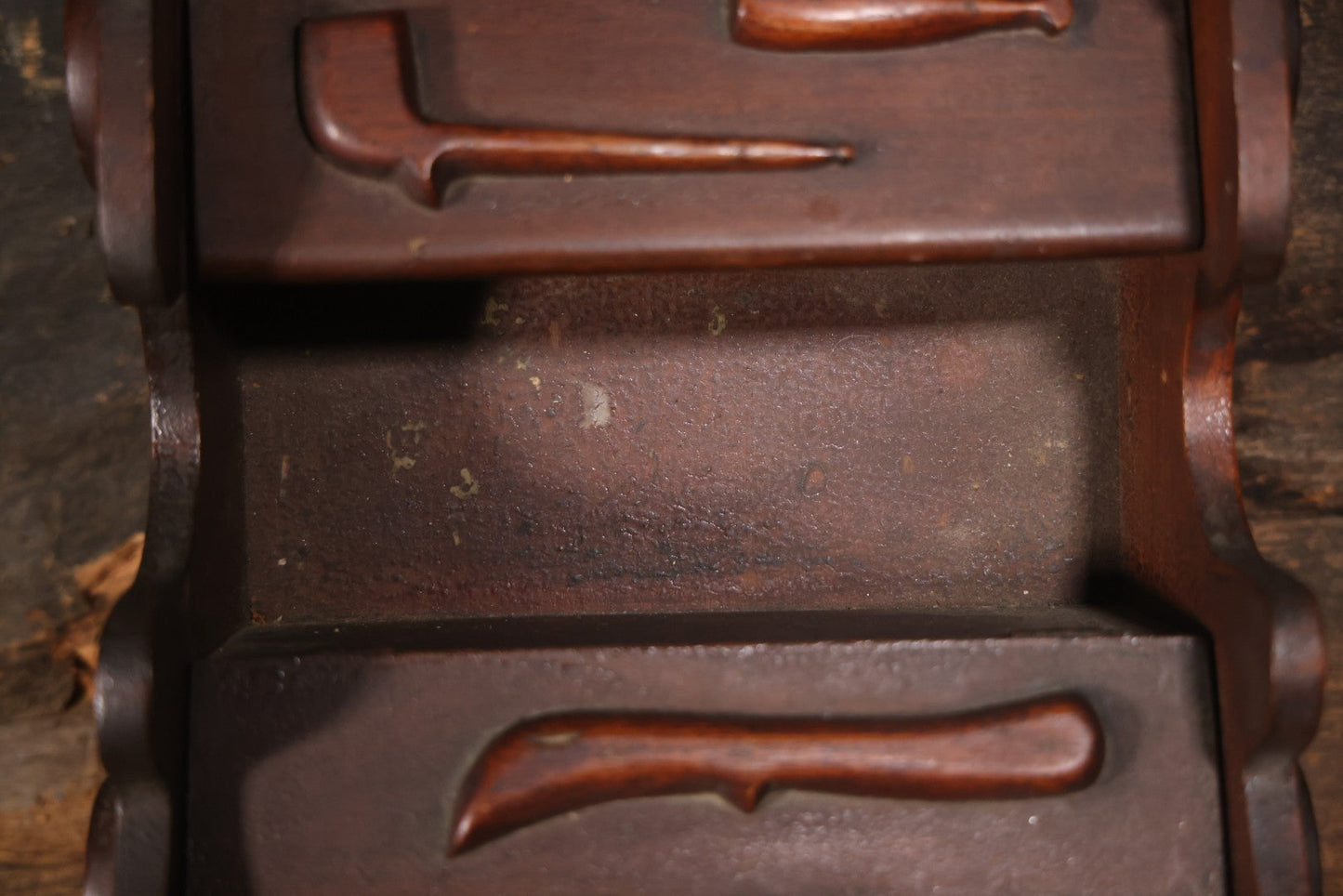 Antique Folk Art Genleman's Parlor Smoking Shelf, Hand Cut And Carved Wood Details, Initialed And Dated "H.P. 1922" At Top, Pipe, Smoking Tools, And Club Card Suite Carvings, Hinged Compartments, Mirror