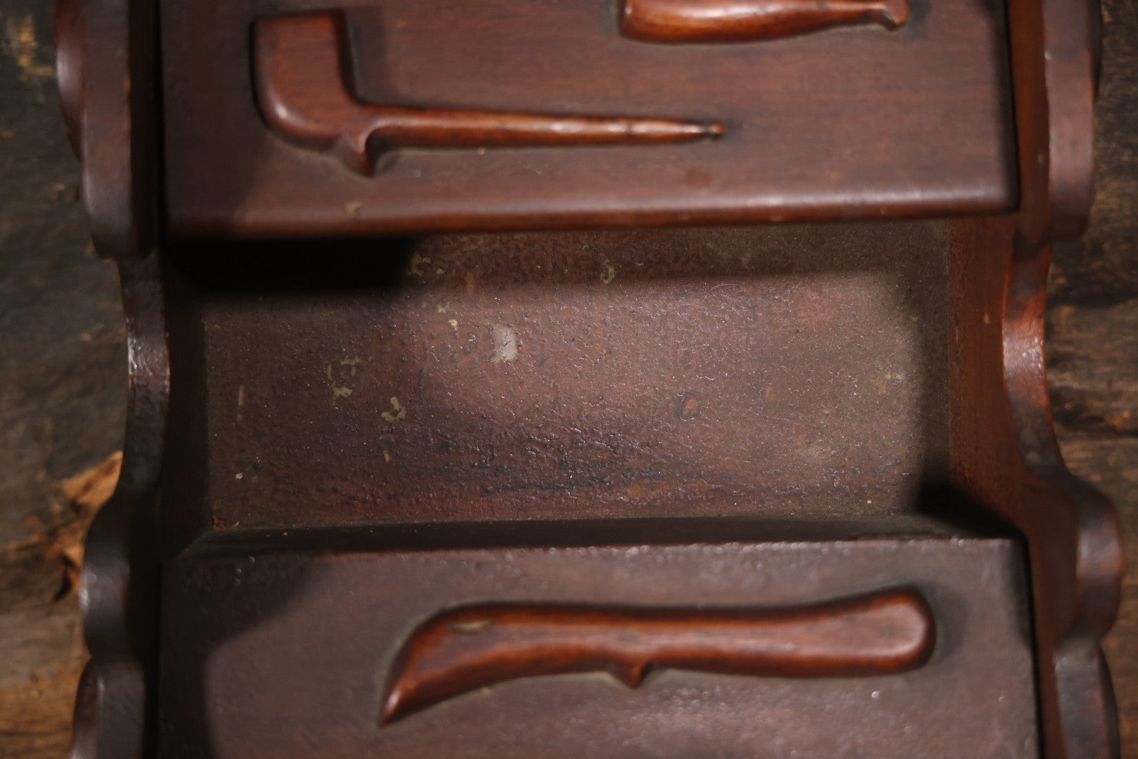 Antique Folk Art Genleman's Parlor Smoking Shelf, Hand Cut And Carved Wood Details, Initialed And Dated "H.P. 1922" At Top, Pipe, Smoking Tools, And Club Card Suite Carvings, Hinged Compartments, Mirror