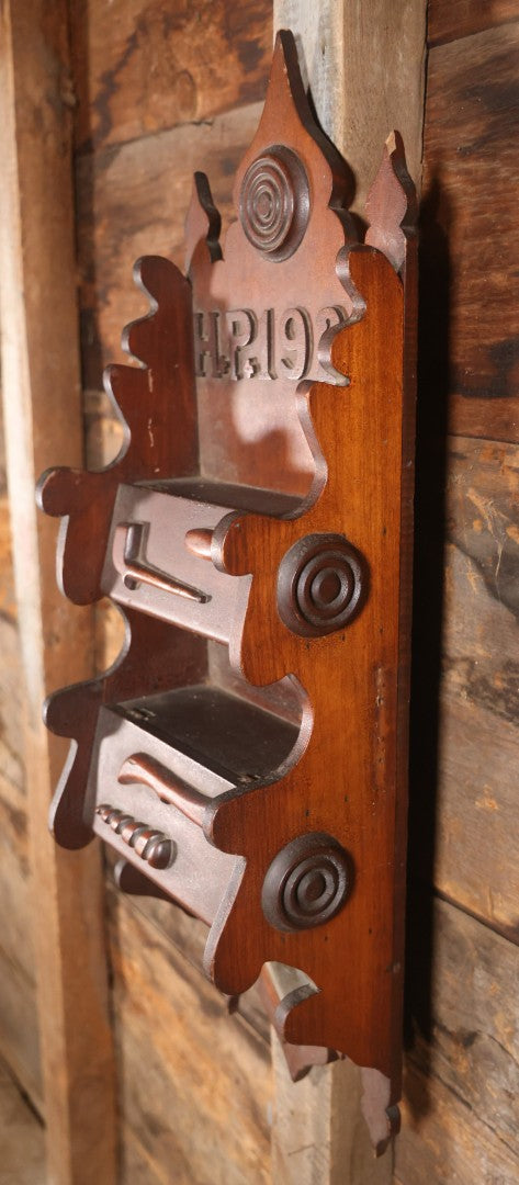 Antique Folk Art Genleman's Parlor Smoking Shelf, Hand Cut And Carved Wood Details, Initialed And Dated "H.P. 1922" At Top, Pipe, Smoking Tools, And Club Card Suite Carvings, Hinged Compartments, Mirror