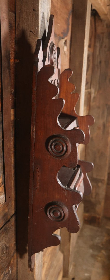 Antique Folk Art Genleman's Parlor Smoking Shelf, Hand Cut And Carved Wood Details, Initialed And Dated "H.P. 1922" At Top, Pipe, Smoking Tools, And Club Card Suite Carvings, Hinged Compartments, Mirror