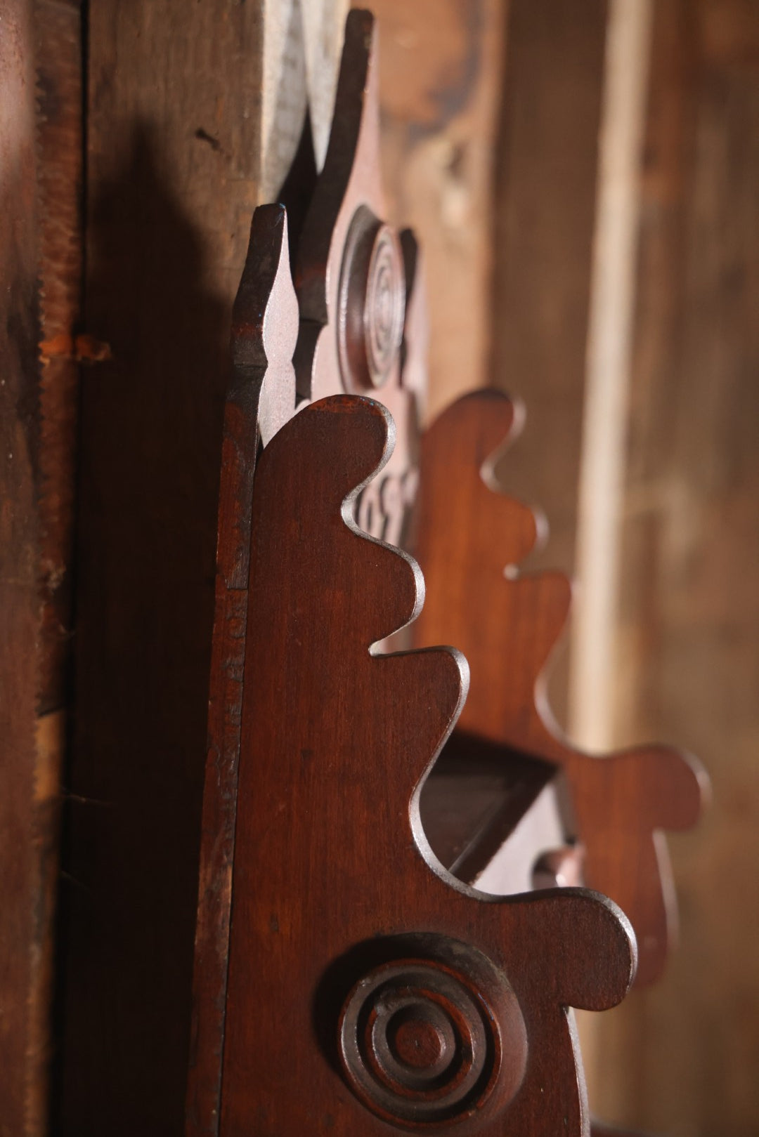 Antique Folk Art Genleman's Parlor Smoking Shelf, Hand Cut And Carved Wood Details, Initialed And Dated "H.P. 1922" At Top, Pipe, Smoking Tools, And Club Card Suite Carvings, Hinged Compartments, Mirror