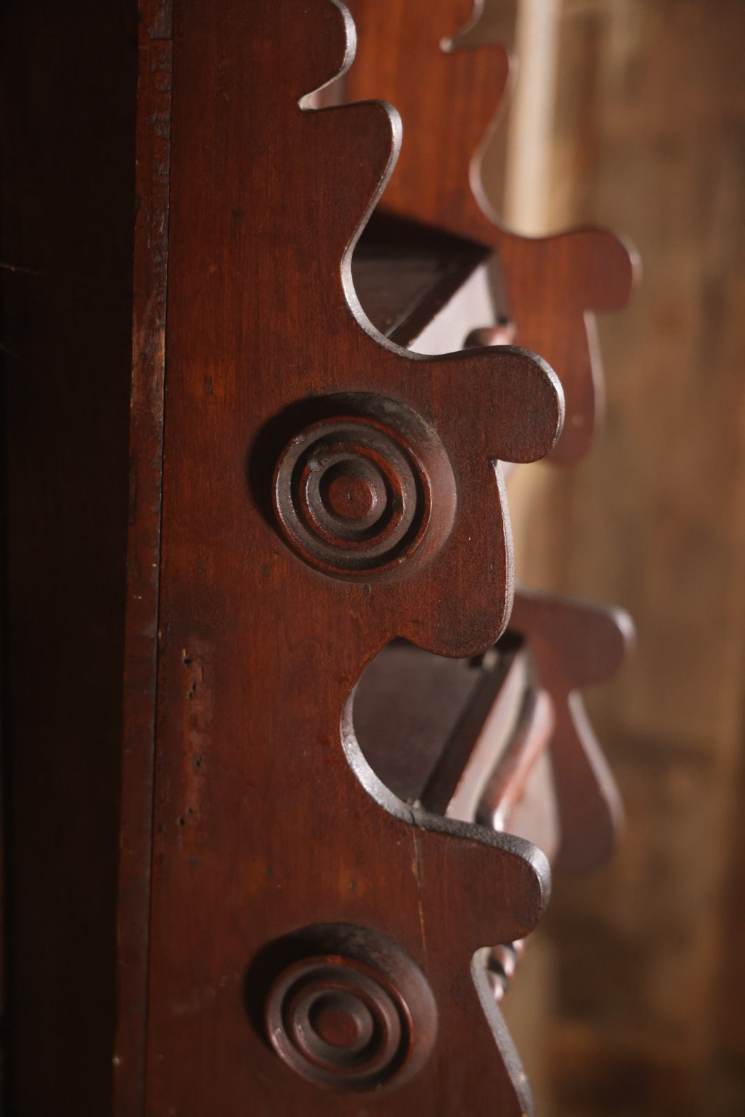 Antique Folk Art Genleman's Parlor Smoking Shelf, Hand Cut And Carved Wood Details, Initialed And Dated "H.P. 1922" At Top, Pipe, Smoking Tools, And Club Card Suite Carvings, Hinged Compartments, Mirror