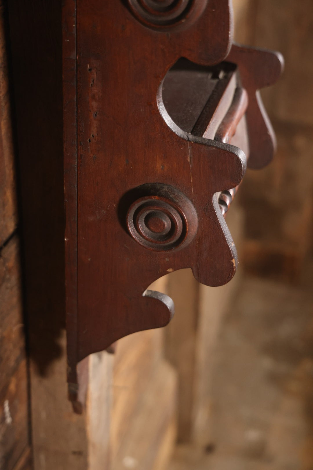 Antique Folk Art Genleman's Parlor Smoking Shelf, Hand Cut And Carved Wood Details, Initialed And Dated "H.P. 1922" At Top, Pipe, Smoking Tools, And Club Card Suite Carvings, Hinged Compartments, Mirror