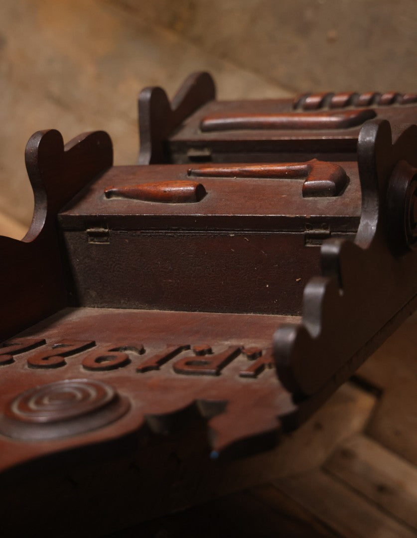 Antique Folk Art Genleman's Parlor Smoking Shelf, Hand Cut And Carved Wood Details, Initialed And Dated "H.P. 1922" At Top, Pipe, Smoking Tools, And Club Card Suite Carvings, Hinged Compartments, Mirror