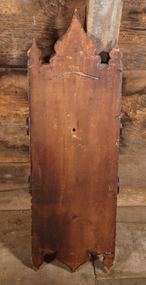 Antique Folk Art Genleman's Parlor Smoking Shelf, Hand Cut And Carved Wood Details, Initialed And Dated "H.P. 1922" At Top, Pipe, Smoking Tools, And Club Card Suite Carvings, Hinged Compartments, Mirror