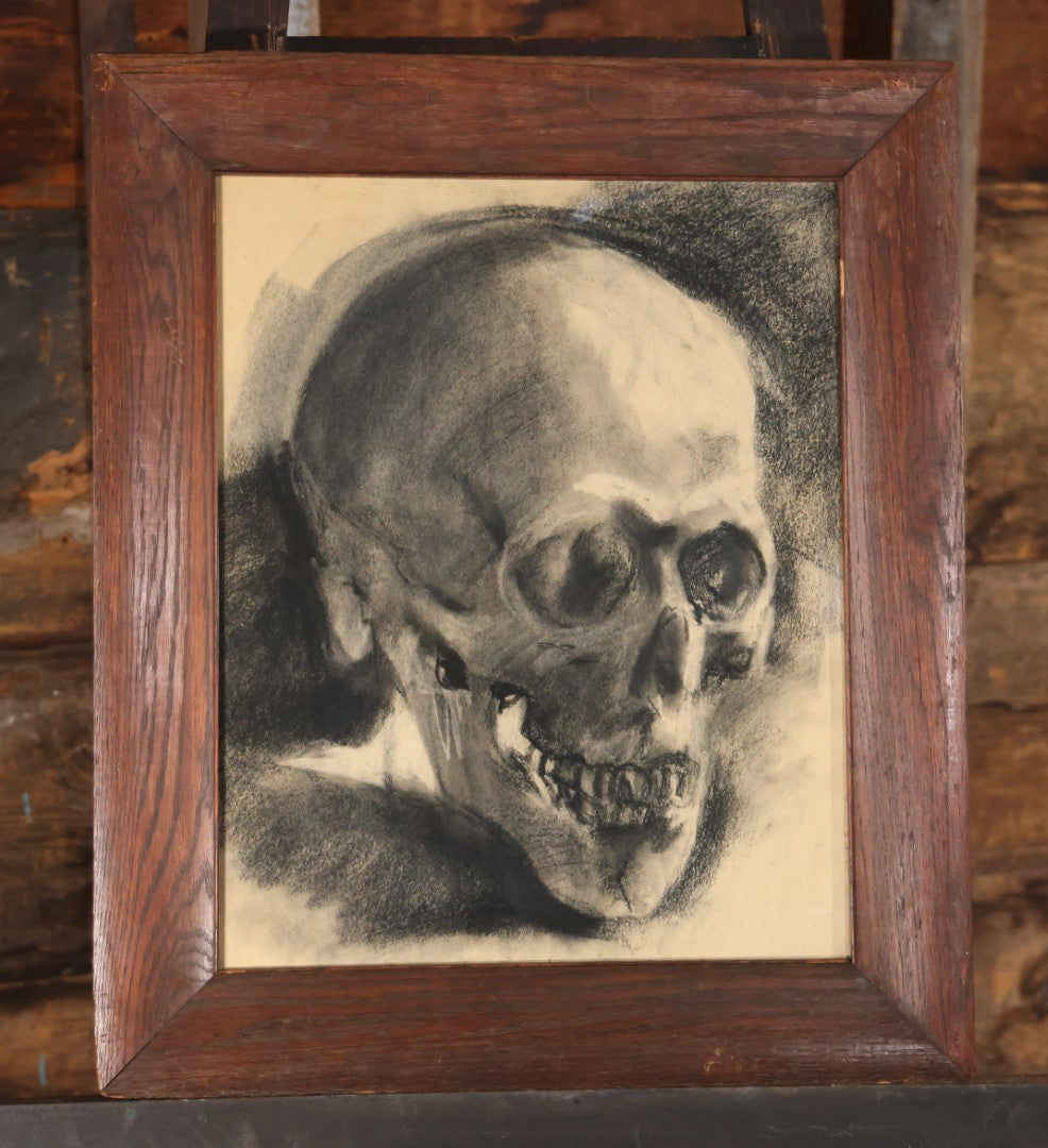 Vintage Charcoal Drawing Still Life Human Skull Study On Paper In Solid Wood Frame, 21-5/8" x 25-5/8"