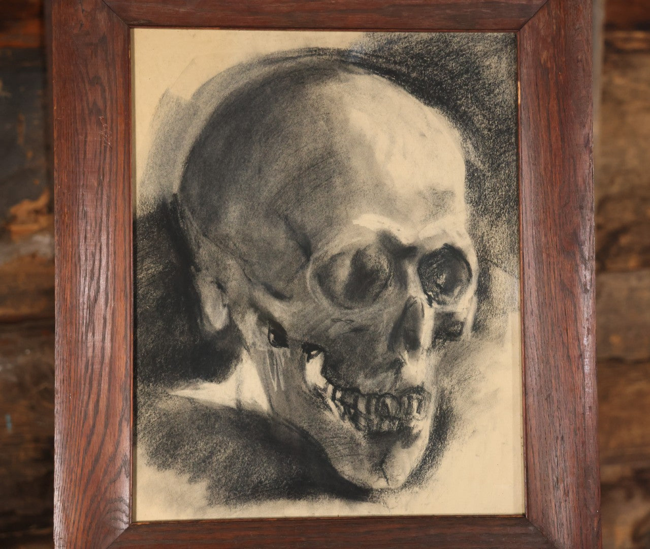 Vintage Charcoal Drawing Still Life Human Skull Study On Paper In Solid Wood Frame, 21-5/8" x 25-5/8"