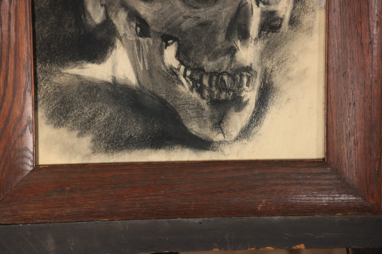 Vintage Charcoal Drawing Still Life Human Skull Study On Paper In Solid Wood Frame, 21-5/8" x 25-5/8"