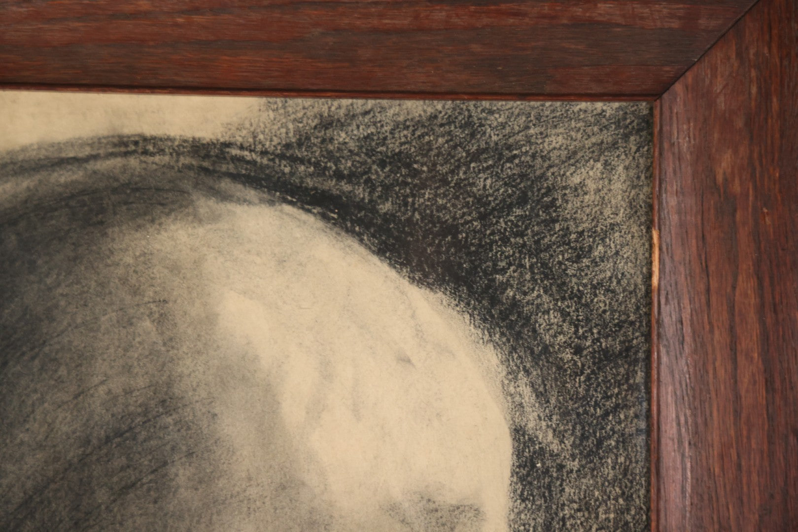 Vintage Charcoal Drawing Still Life Human Skull Study On Paper In Solid Wood Frame, 21-5/8" x 25-5/8"