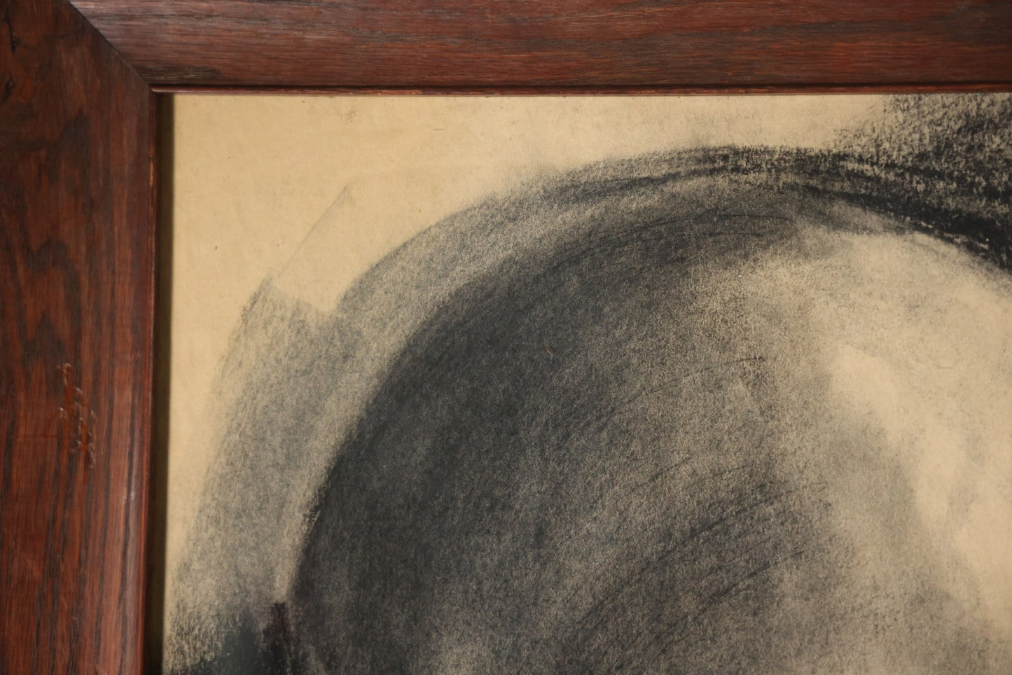 Vintage Charcoal Drawing Still Life Human Skull Study On Paper In Solid Wood Frame, 21-5/8" x 25-5/8"