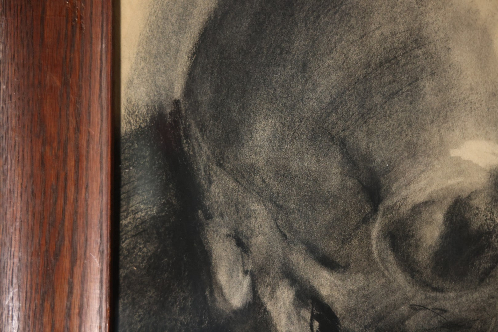 Vintage Charcoal Drawing Still Life Human Skull Study On Paper In Solid Wood Frame, 21-5/8" x 25-5/8"