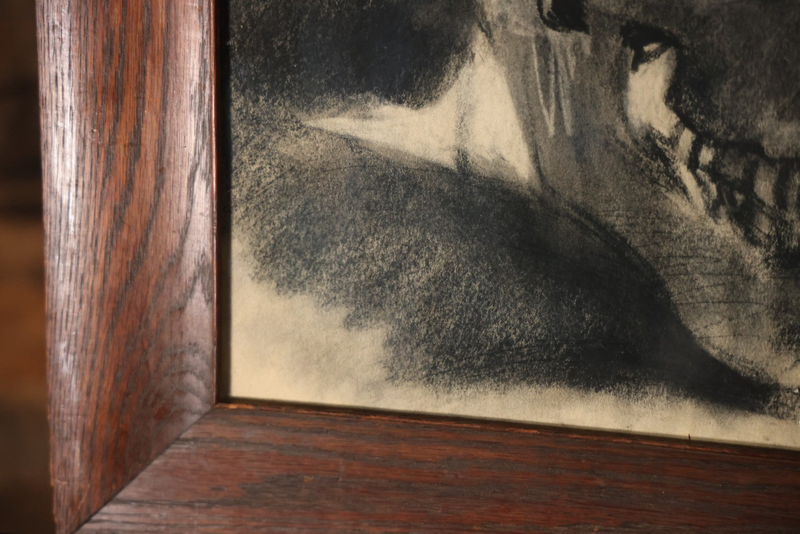 Vintage Charcoal Drawing Still Life Human Skull Study On Paper In Solid Wood Frame, 21-5/8" x 25-5/8"