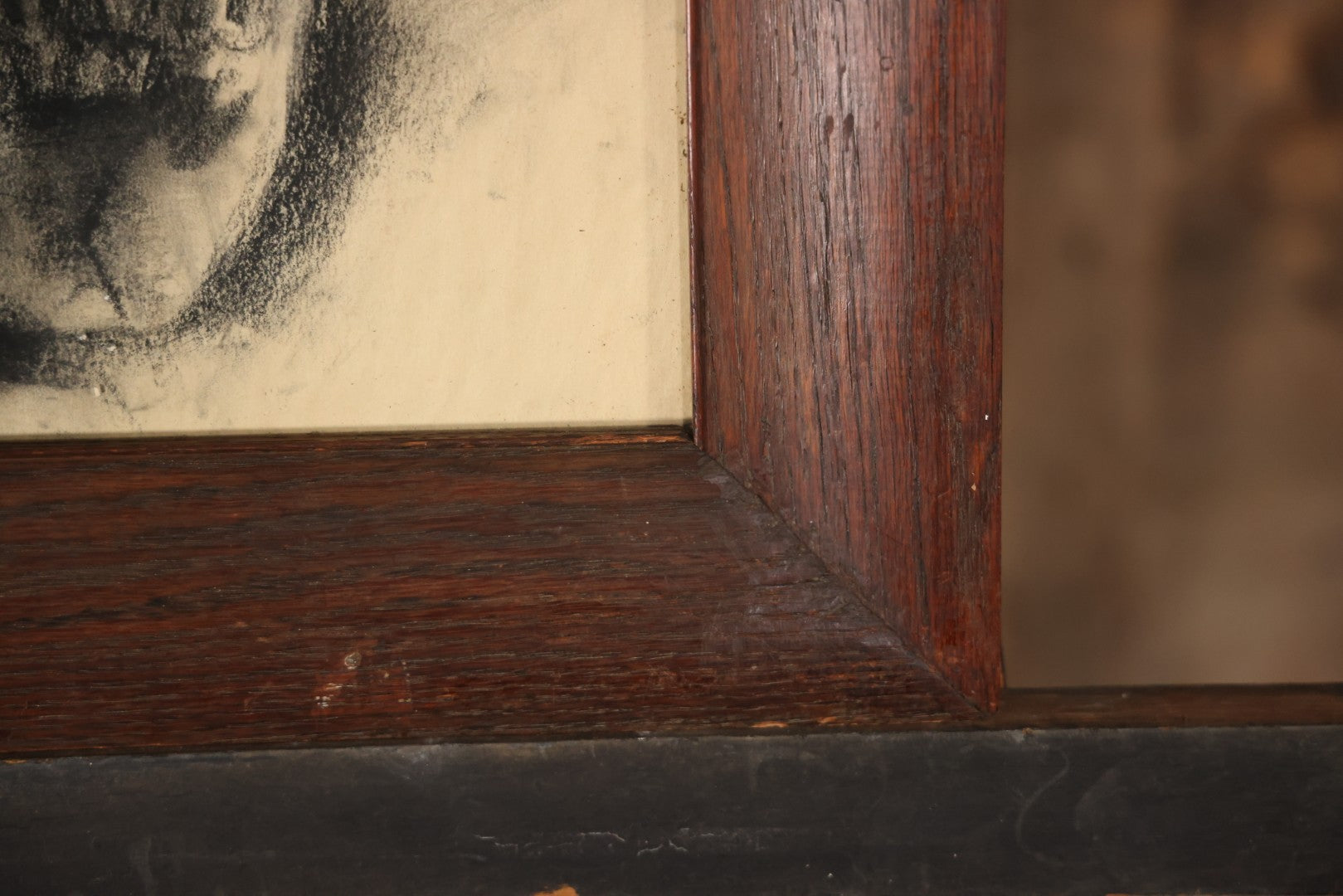 Vintage Charcoal Drawing Still Life Human Skull Study On Paper In Solid Wood Frame, 21-5/8" x 25-5/8"