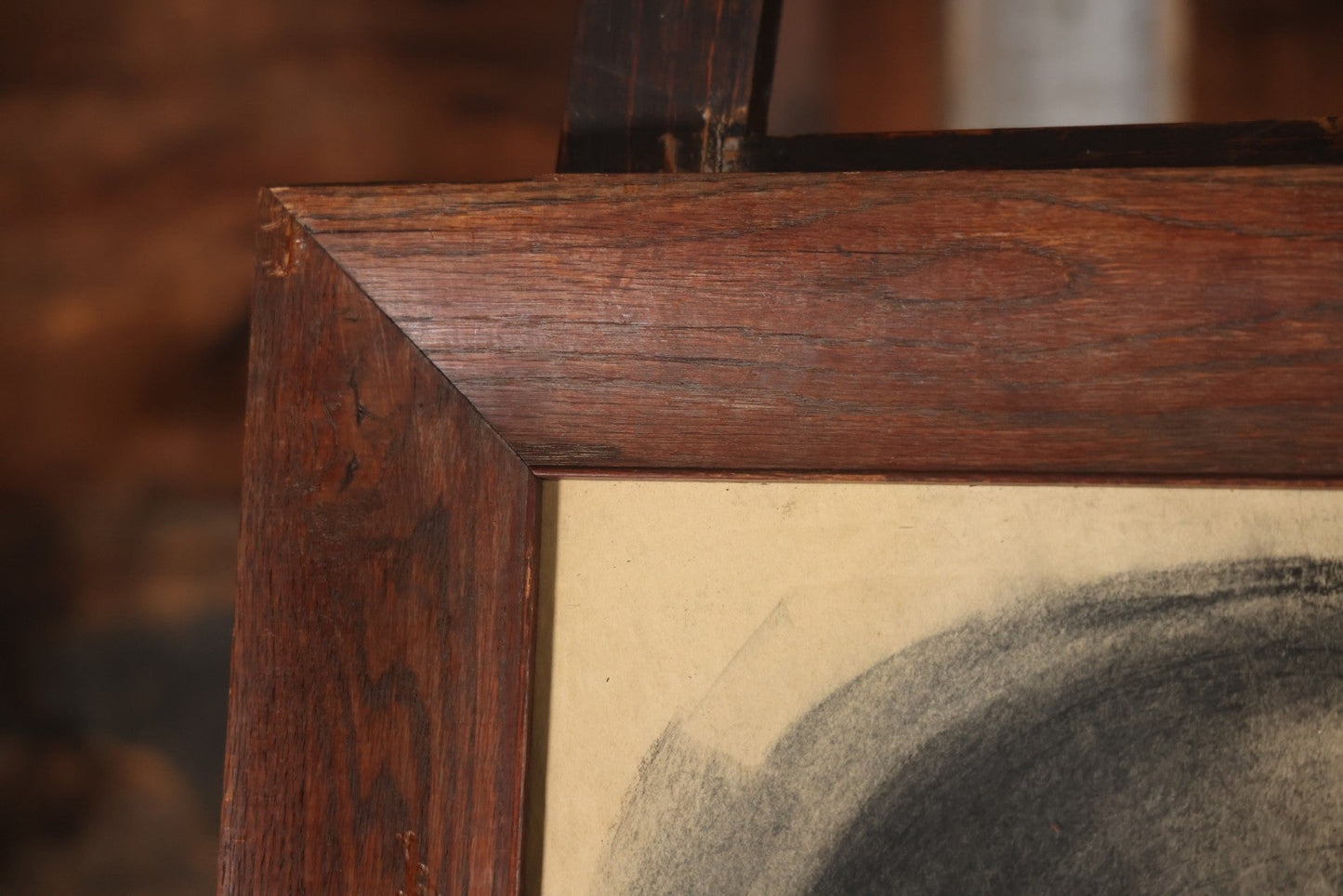 Vintage Charcoal Drawing Still Life Human Skull Study On Paper In Solid Wood Frame, 21-5/8" x 25-5/8"