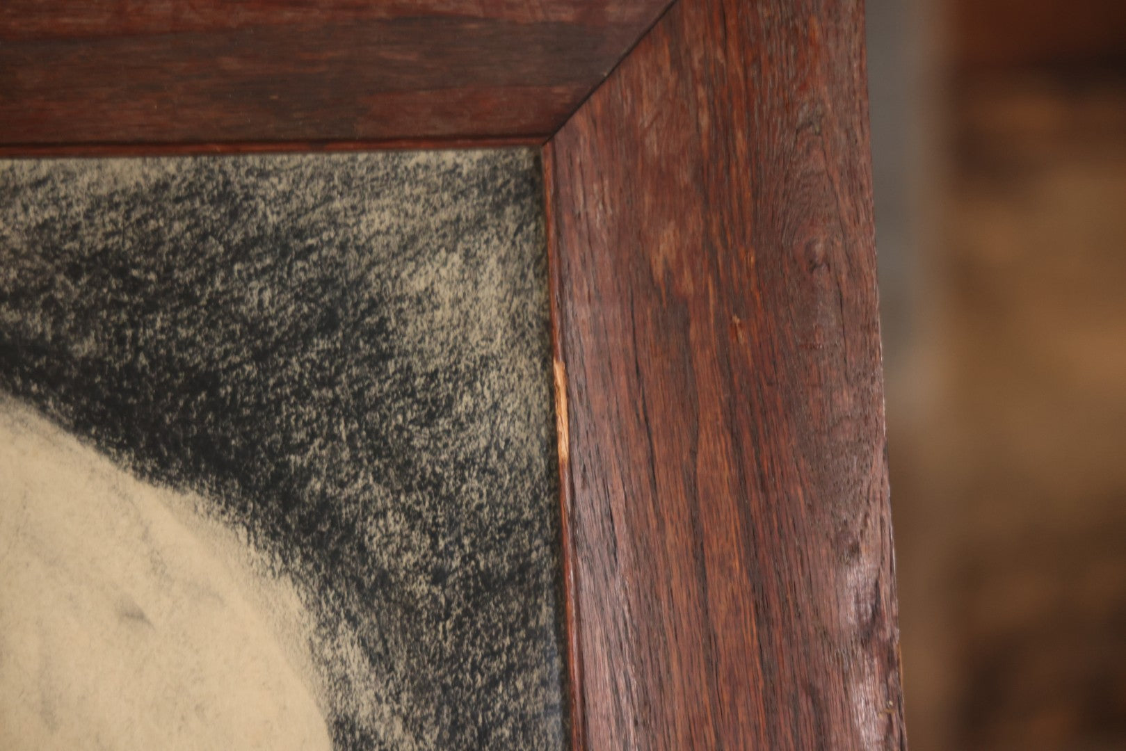 Vintage Charcoal Drawing Still Life Human Skull Study On Paper In Solid Wood Frame, 21-5/8" x 25-5/8"