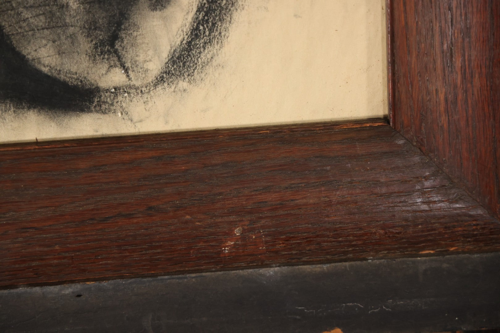 Vintage Charcoal Drawing Still Life Human Skull Study On Paper In Solid Wood Frame, 21-5/8" x 25-5/8"