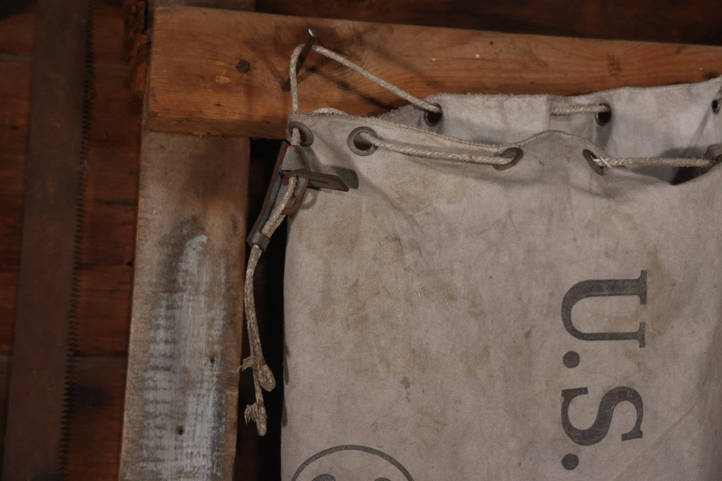 Vintage Mid-20th Century Heavy Canvas United States Domestic U.S. Mail Postal Service Sack Bag With Drawstring Closure