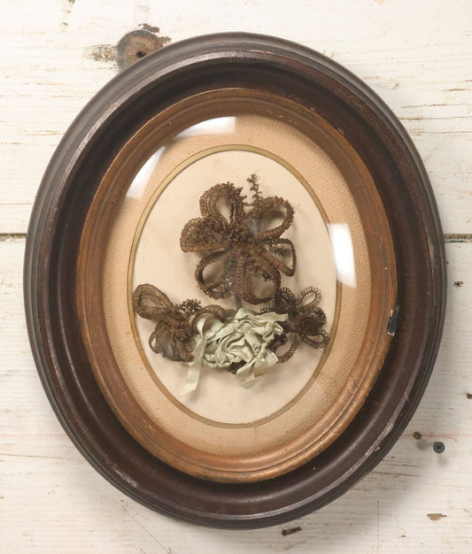 Lot 002 - Antique Hair Art Flower With Blue Ribbon In Original Bubble Glass Frame, Circa Mid 19th Century, 11-3/8" W x 13-5/8" H