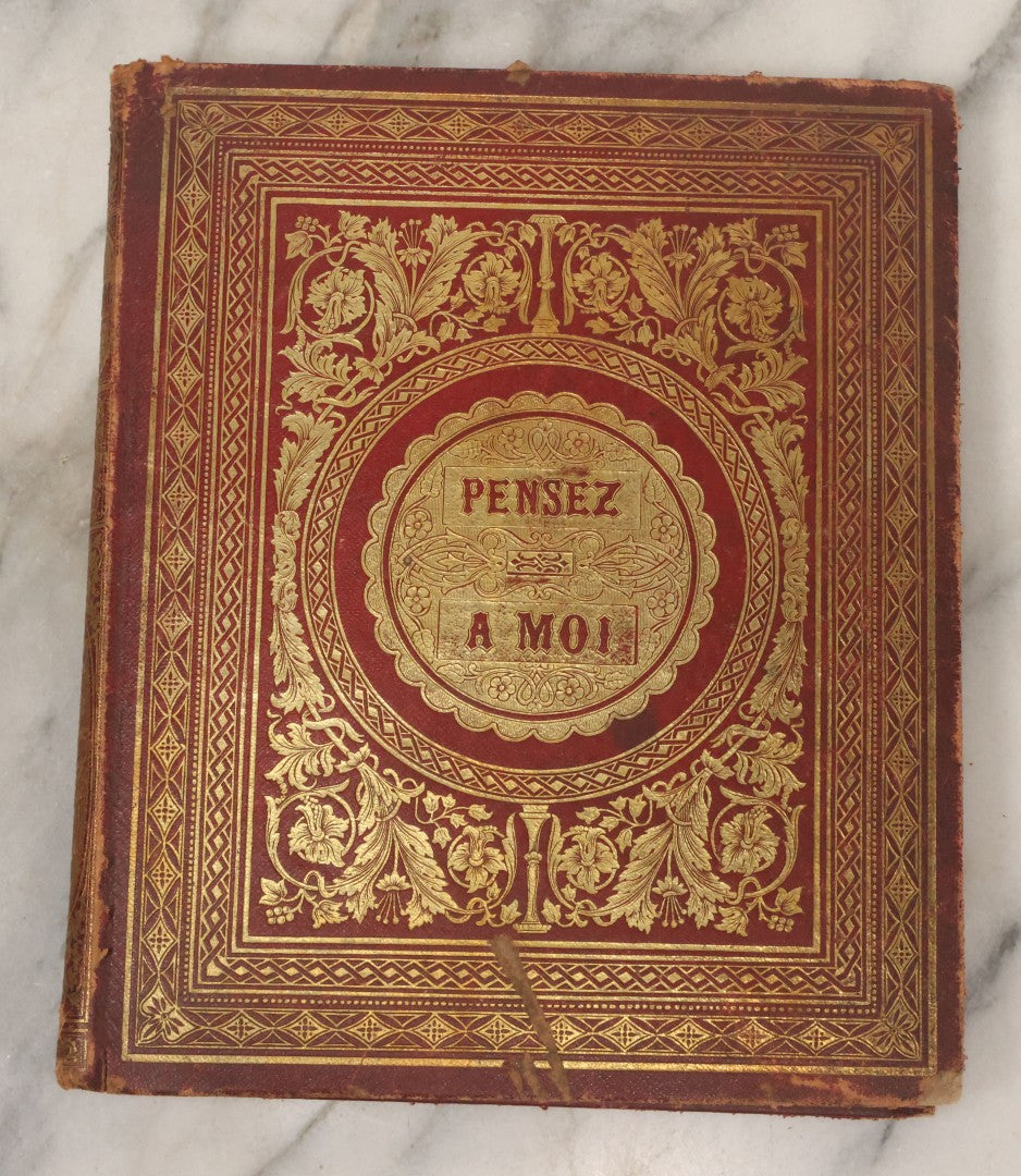 Lot 003 - Antique Victorian Autograph Album, "Pensez A Moi" ("Think Of Me"), Published By Leavitt & Allen, New York, Belonged Miss Frances "Frank" L. White, With Many Inscriptions And Poems, Several Full Page Engraved Plates, New Hampshire, 1862-1865