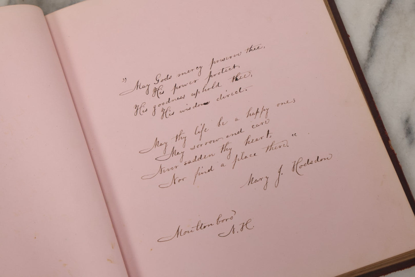 Lot 003 - Antique Victorian Autograph Album, "Pensez A Moi" ("Think Of Me"), Published By Leavitt & Allen, New York, Belonged Miss Frances "Frank" L. White, With Many Inscriptions And Poems, Several Full Page Engraved Plates, New Hampshire, 1862-1865