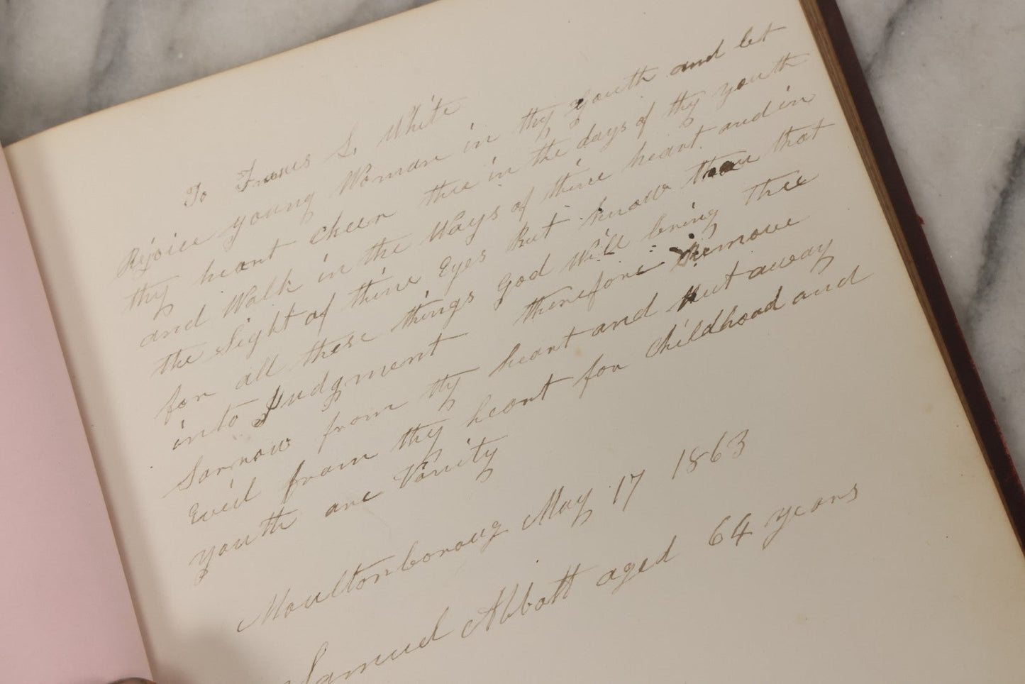 Lot 003 - Antique Victorian Autograph Album, "Pensez A Moi" ("Think Of Me"), Published By Leavitt & Allen, New York, Belonged Miss Frances "Frank" L. White, With Many Inscriptions And Poems, Several Full Page Engraved Plates, New Hampshire, 1862-1865