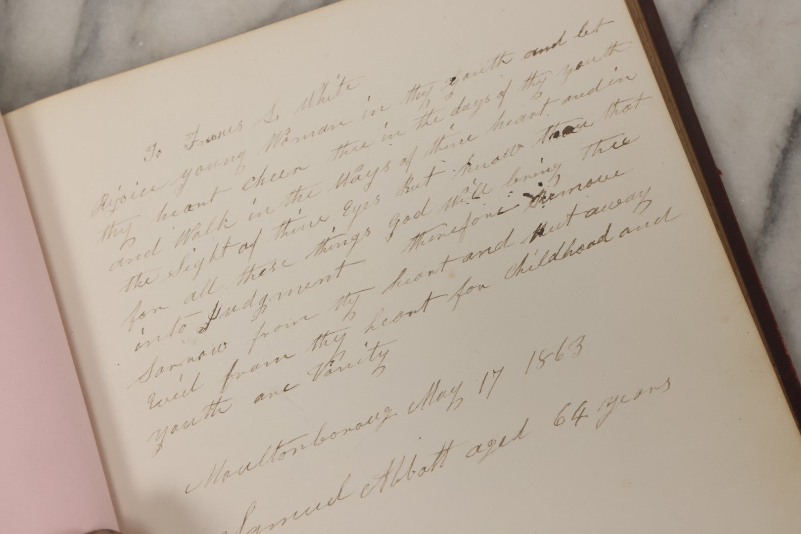 Lot 003 - Antique Victorian Autograph Album, "Pensez A Moi" ("Think Of Me"), Published By Leavitt & Allen, New York, Belonged Miss Frances "Frank" L. White, With Many Inscriptions And Poems, Several Full Page Engraved Plates, New Hampshire, 1862-1865