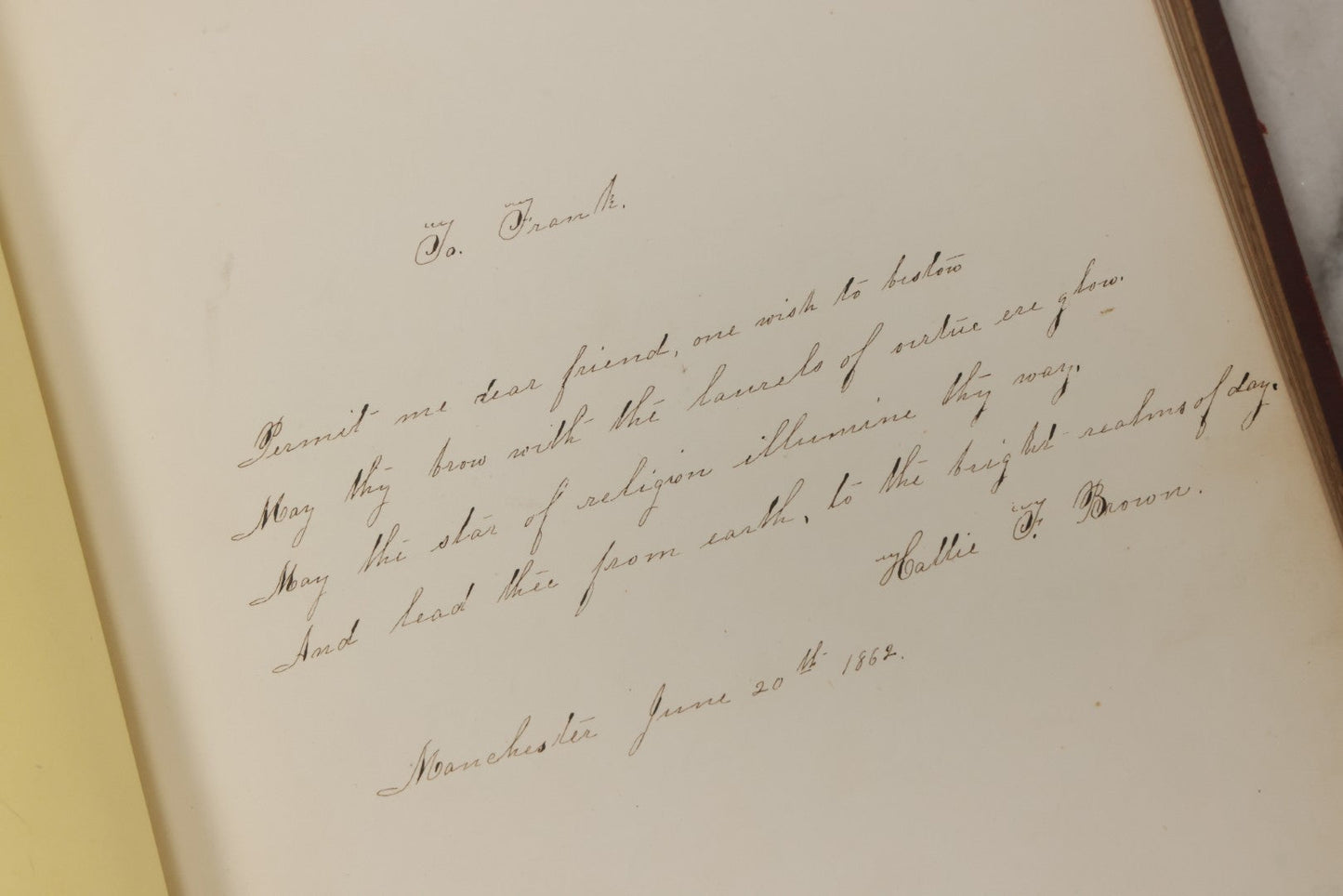 Lot 003 - Antique Victorian Autograph Album, "Pensez A Moi" ("Think Of Me"), Published By Leavitt & Allen, New York, Belonged Miss Frances "Frank" L. White, With Many Inscriptions And Poems, Several Full Page Engraved Plates, New Hampshire, 1862-1865