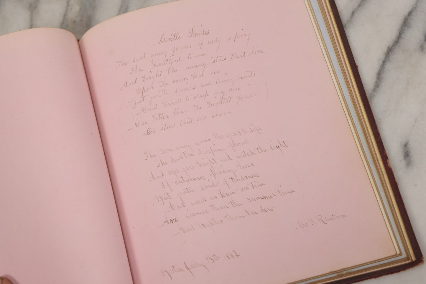 Lot 003 - Antique Victorian Autograph Album, "Pensez A Moi" ("Think Of Me"), Published By Leavitt & Allen, New York, Belonged Miss Frances "Frank" L. White, With Many Inscriptions And Poems, Several Full Page Engraved Plates, New Hampshire, 1862-1865