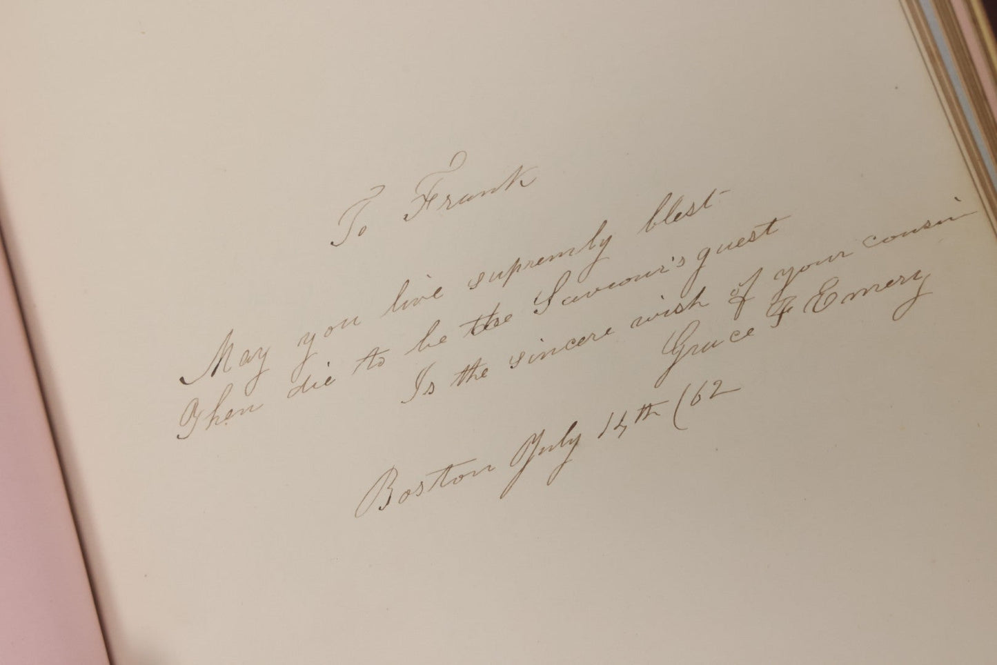 Lot 003 - Antique Victorian Autograph Album, "Pensez A Moi" ("Think Of Me"), Published By Leavitt & Allen, New York, Belonged Miss Frances "Frank" L. White, With Many Inscriptions And Poems, Several Full Page Engraved Plates, New Hampshire, 1862-1865
