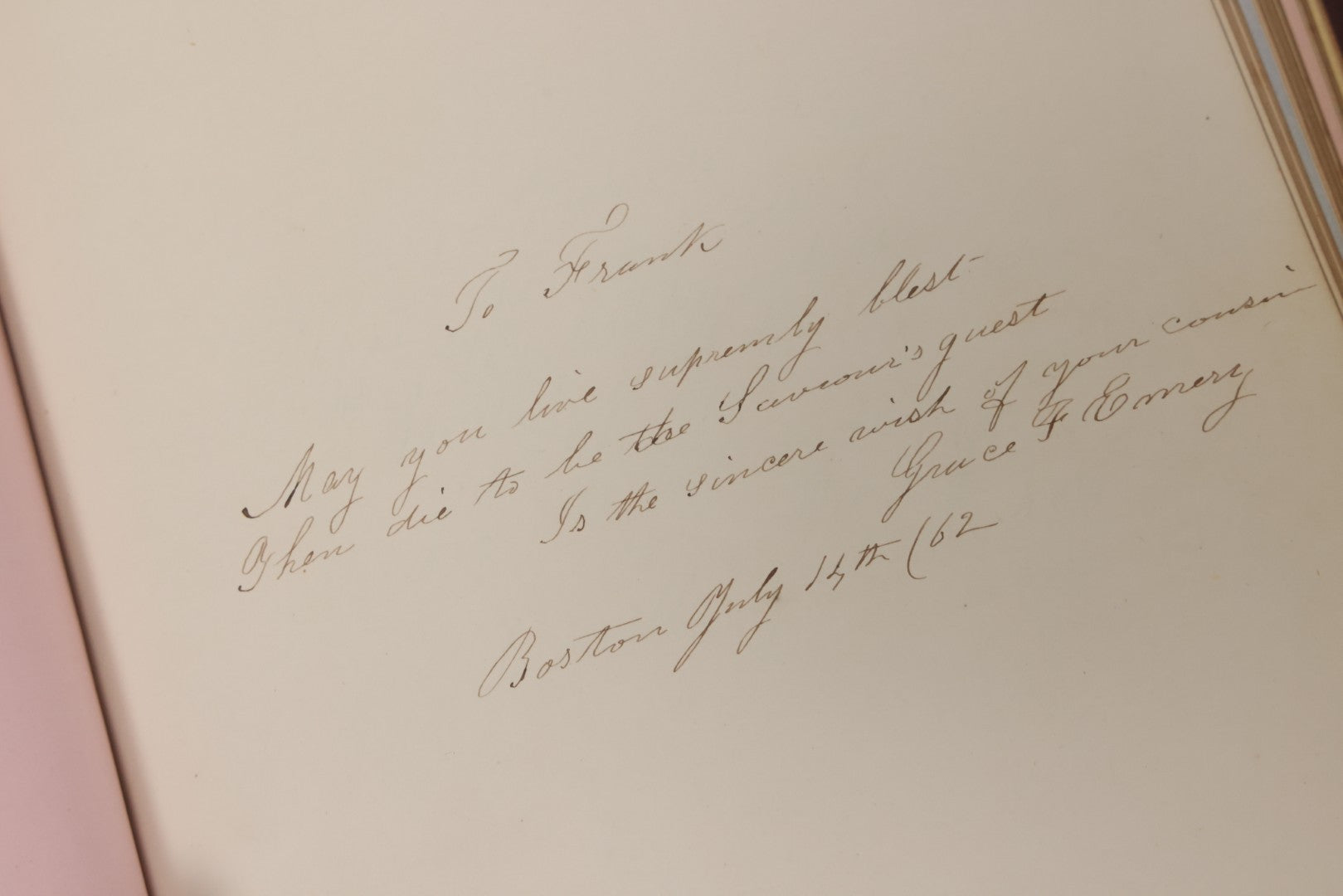 Lot 003 - Antique Victorian Autograph Album, "Pensez A Moi" ("Think Of Me"), Published By Leavitt & Allen, New York, Belonged Miss Frances "Frank" L. White, With Many Inscriptions And Poems, Several Full Page Engraved Plates, New Hampshire, 1862-1865