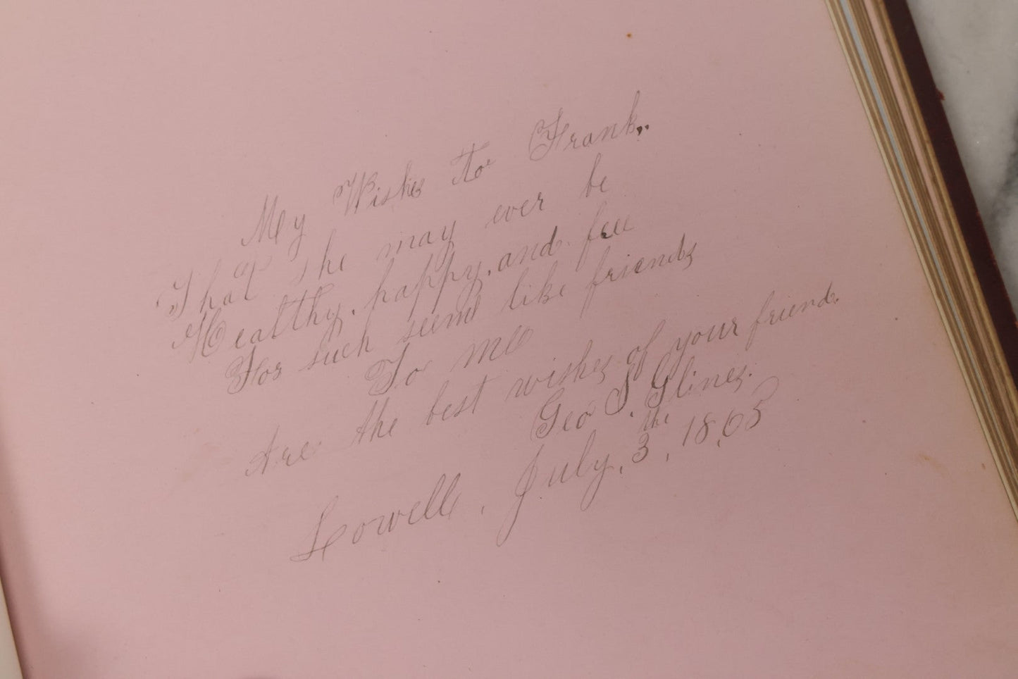 Lot 003 - Antique Victorian Autograph Album, "Pensez A Moi" ("Think Of Me"), Published By Leavitt & Allen, New York, Belonged Miss Frances "Frank" L. White, With Many Inscriptions And Poems, Several Full Page Engraved Plates, New Hampshire, 1862-1865