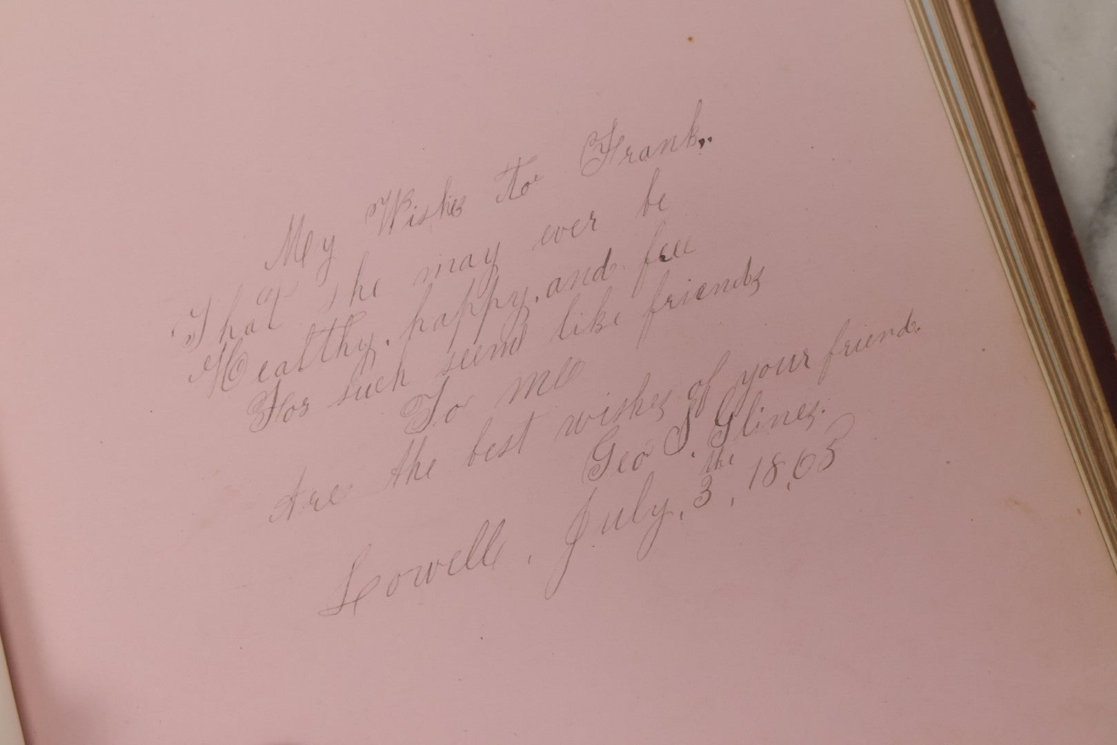 Lot 003 - Antique Victorian Autograph Album, "Pensez A Moi" ("Think Of Me"), Published By Leavitt & Allen, New York, Belonged Miss Frances "Frank" L. White, With Many Inscriptions And Poems, Several Full Page Engraved Plates, New Hampshire, 1862-1865