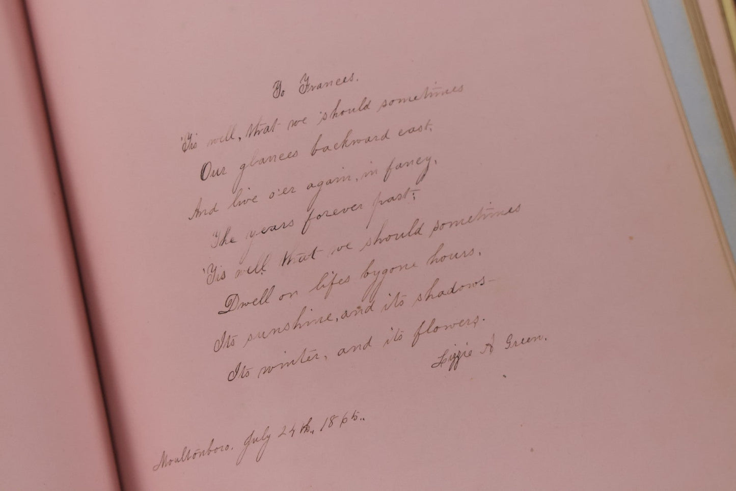 Lot 003 - Antique Victorian Autograph Album, "Pensez A Moi" ("Think Of Me"), Published By Leavitt & Allen, New York, Belonged Miss Frances "Frank" L. White, With Many Inscriptions And Poems, Several Full Page Engraved Plates, New Hampshire, 1862-1865