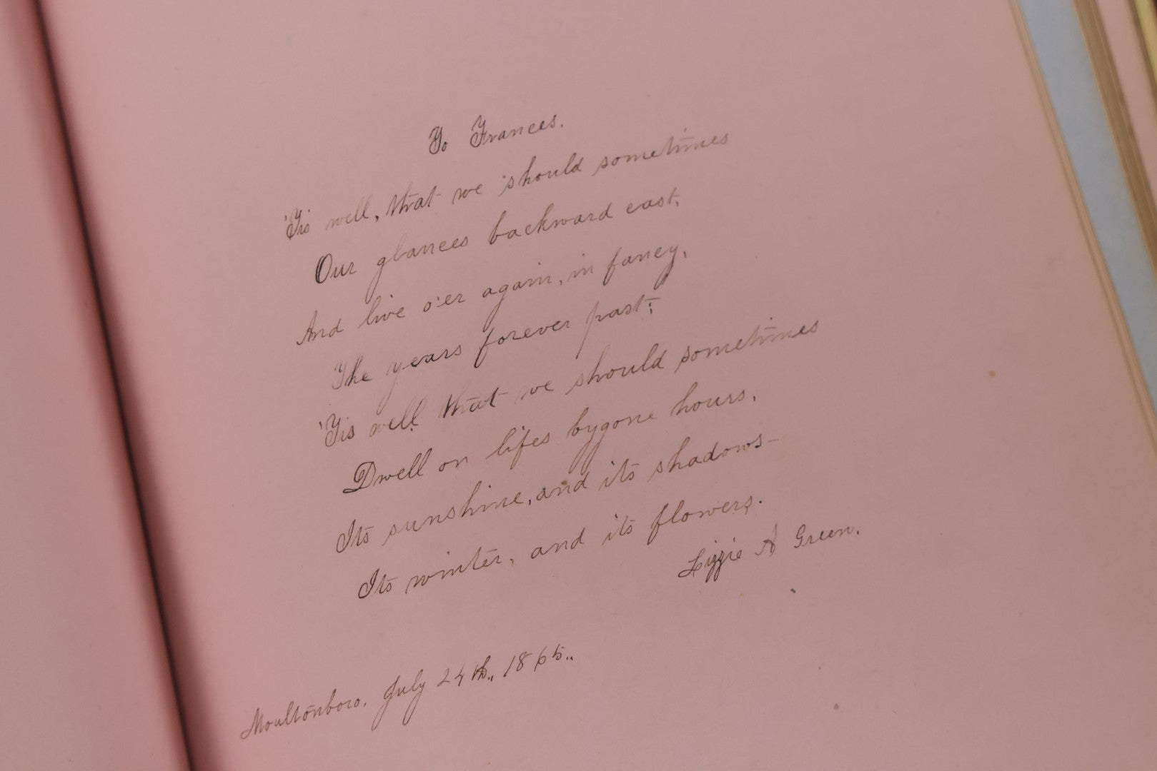 Lot 003 - Antique Victorian Autograph Album, "Pensez A Moi" ("Think Of Me"), Published By Leavitt & Allen, New York, Belonged Miss Frances "Frank" L. White, With Many Inscriptions And Poems, Several Full Page Engraved Plates, New Hampshire, 1862-1865