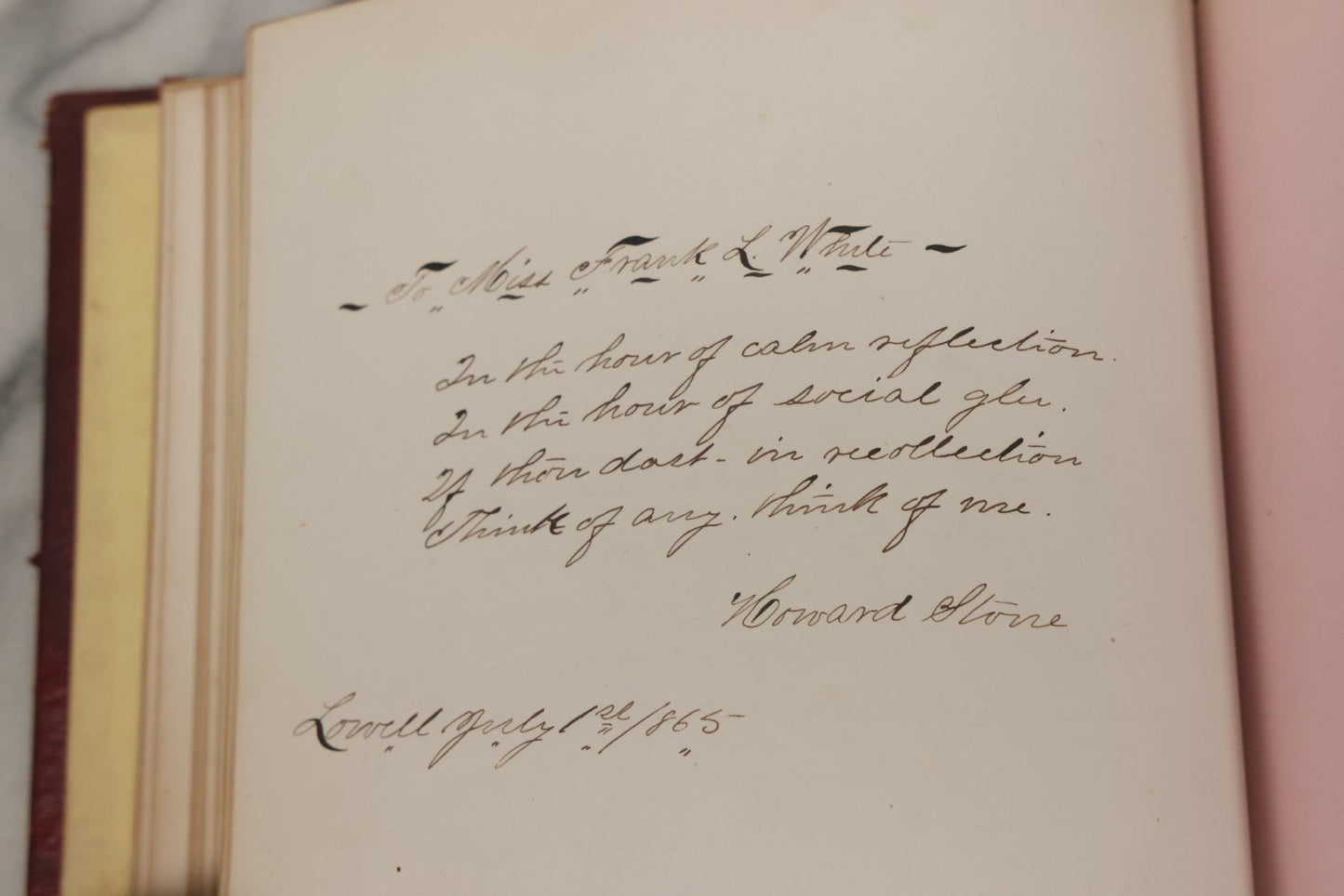 Lot 003 - Antique Victorian Autograph Album, "Pensez A Moi" ("Think Of Me"), Published By Leavitt & Allen, New York, Belonged Miss Frances "Frank" L. White, With Many Inscriptions And Poems, Several Full Page Engraved Plates, New Hampshire, 1862-1865