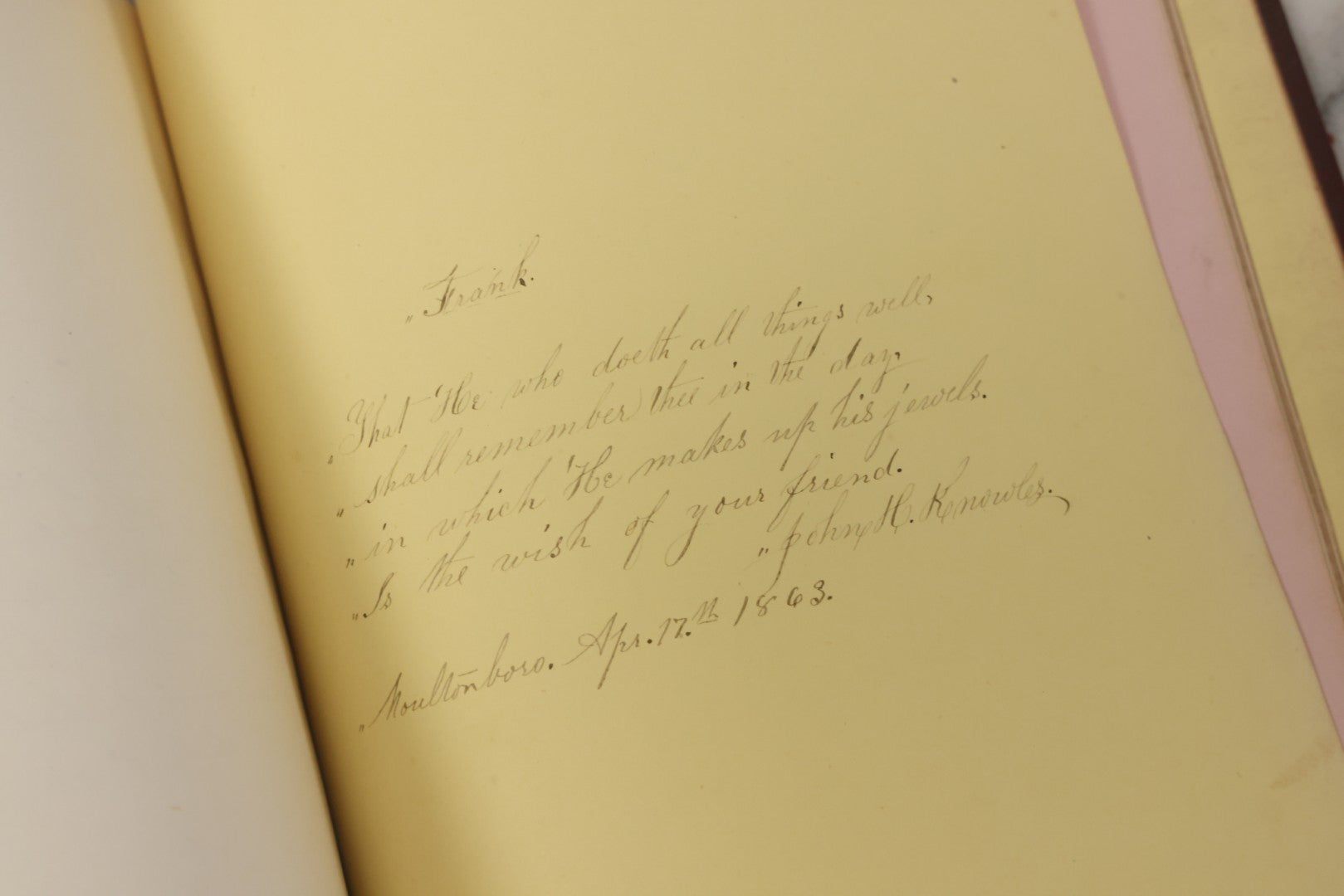 Lot 003 - Antique Victorian Autograph Album, "Pensez A Moi" ("Think Of Me"), Published By Leavitt & Allen, New York, Belonged Miss Frances "Frank" L. White, With Many Inscriptions And Poems, Several Full Page Engraved Plates, New Hampshire, 1862-1865