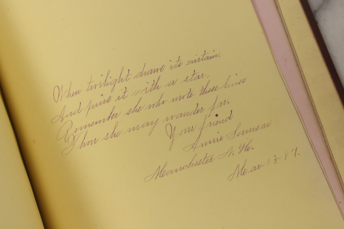 Lot 003 - Antique Victorian Autograph Album, "Pensez A Moi" ("Think Of Me"), Published By Leavitt & Allen, New York, Belonged Miss Frances "Frank" L. White, With Many Inscriptions And Poems, Several Full Page Engraved Plates, New Hampshire, 1862-1865