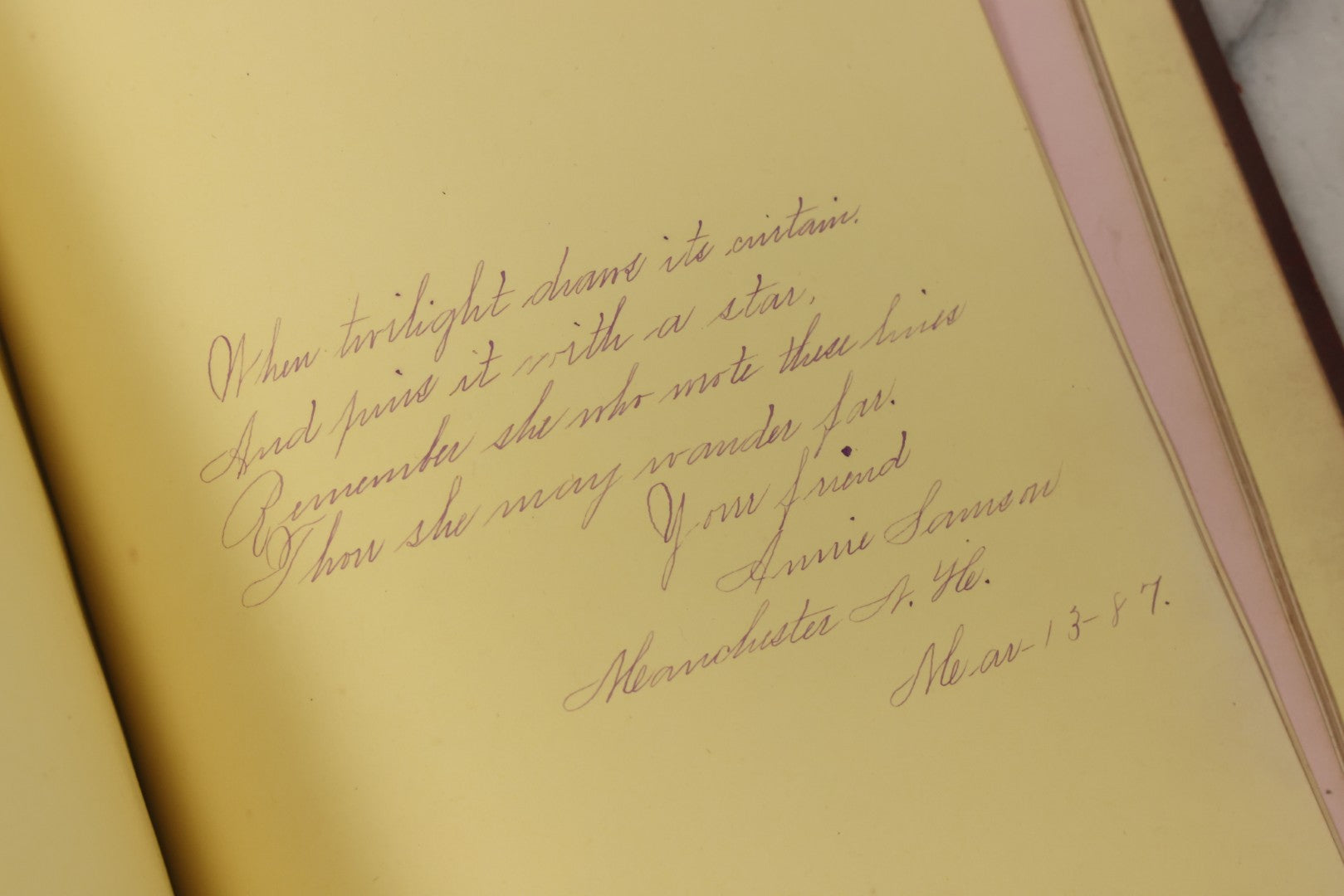 Lot 003 - Antique Victorian Autograph Album, "Pensez A Moi" ("Think Of Me"), Published By Leavitt & Allen, New York, Belonged Miss Frances "Frank" L. White, With Many Inscriptions And Poems, Several Full Page Engraved Plates, New Hampshire, 1862-1865
