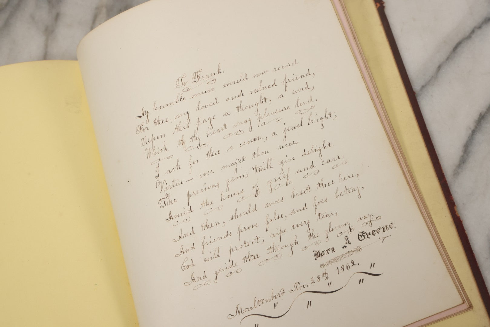 Lot 003 - Antique Victorian Autograph Album, "Pensez A Moi" ("Think Of Me"), Published By Leavitt & Allen, New York, Belonged Miss Frances "Frank" L. White, With Many Inscriptions And Poems, Several Full Page Engraved Plates, New Hampshire, 1862-1865