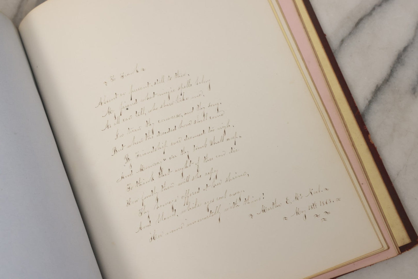 Lot 003 - Antique Victorian Autograph Album, "Pensez A Moi" ("Think Of Me"), Published By Leavitt & Allen, New York, Belonged Miss Frances "Frank" L. White, With Many Inscriptions And Poems, Several Full Page Engraved Plates, New Hampshire, 1862-1865