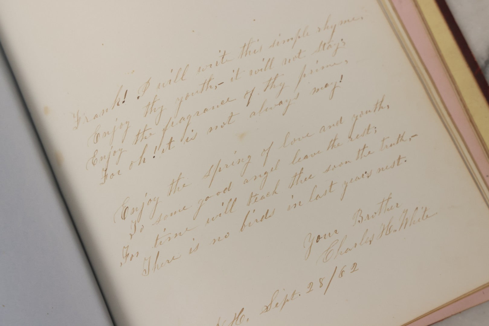 Lot 003 - Antique Victorian Autograph Album, "Pensez A Moi" ("Think Of Me"), Published By Leavitt & Allen, New York, Belonged Miss Frances "Frank" L. White, With Many Inscriptions And Poems, Several Full Page Engraved Plates, New Hampshire, 1862-1865